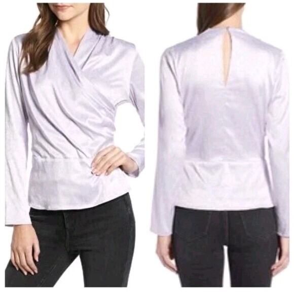 Something Navy Tops - Something Navy Womens Lavender Long Sleeve Blouse Front Wrap Jacquard Large Nwt